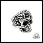 Bague Biker Crâne Fleuri
