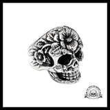 Bague Biker Crâne Fleuri
