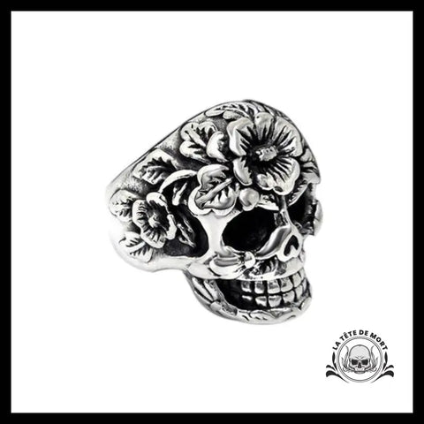 Bague Biker Crâne Fleuri