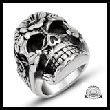 Bague Biker Crâne Fleuri