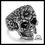 Bague Tête de Mort Fleurie (Acier)