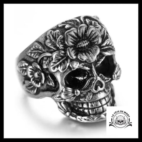 Bague Tête de Mort Fleurie (Acier)