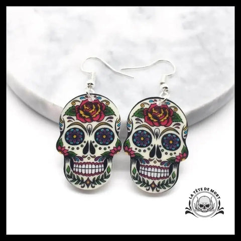 Boucles D’oreilles Tête de Mort Calavera Rose