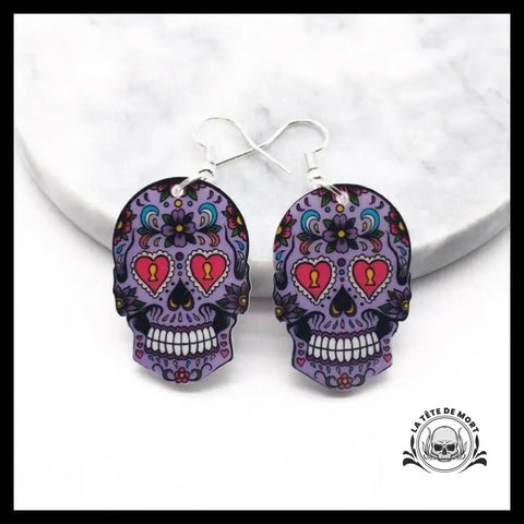 Boucles D’oreilles Tête de Mort Calavera Violette