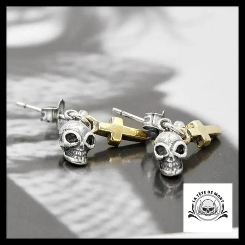 Boucles D’oreilles Tête de Mort et Croix Doré