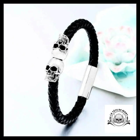 Bracelet Tête de Mort en Cuir et Acier Inoxydable