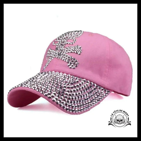 Casquette Tête de Mort Baseball Strass Rose