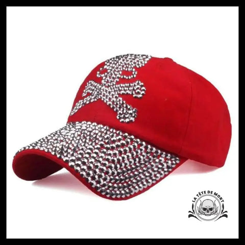 Casquette Tête de Mort Baseball Strass Rouge