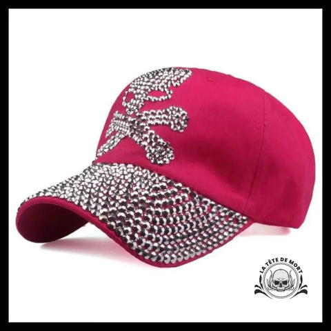 Casquette Tête de Mort Strass Rose Rouge
