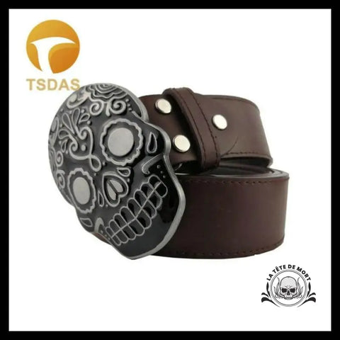 Ceinture Tête de Mort Crâne Mexicain Marron
