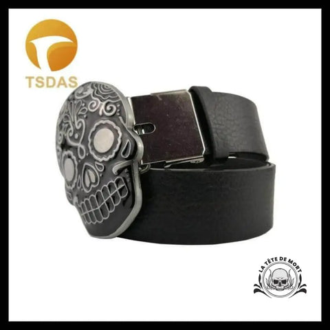 Ceinture Tête de Mort Crâne Mexicain Noire Craquelee