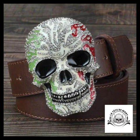 Ceinture Tête de Mort Effet Diamant Marron