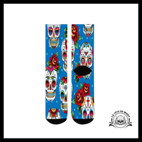 Chaussettes Tête de Mort Calavera Bleu et Roses