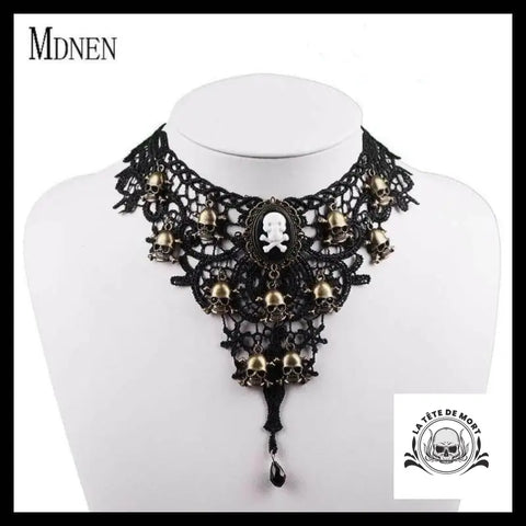 Collier Tête de Mort Dentelle Noire et Rose
