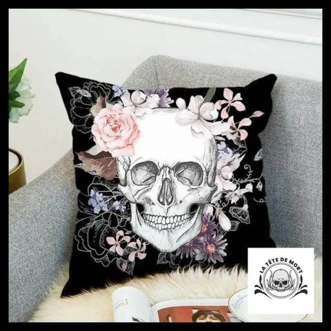 Housse de Coussin Crâne Fleuri