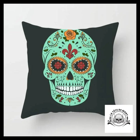 Housse de Coussin Tête Mort Calavera Vert Pomme
