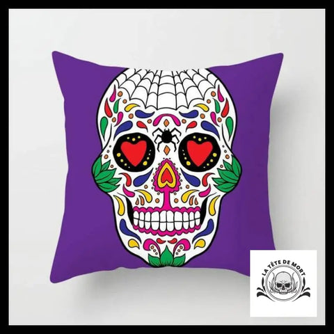 Housse de Coussin Tête Mort Calavera Violet