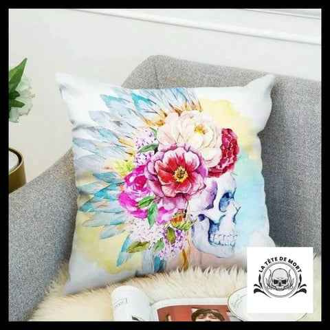 Housse de Coussin Tête Mort Coiffe Indienne