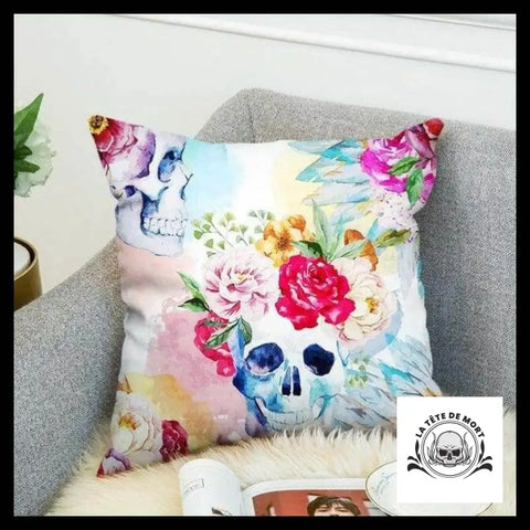 Housse de Coussin Tête Mort Couronne Fleurs