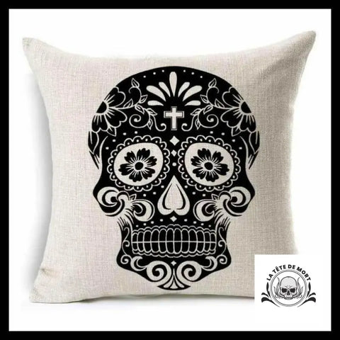 Housse de Coussin Tête Mort Croix Noir