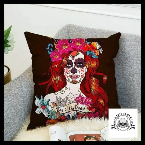 Housse de Coussin Tête Mort Femme Calavera