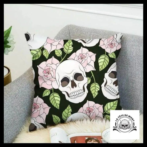 Housse de Coussin Tête Mort Fleurs Roses Pâle