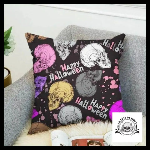 Housse de Coussin Tête Mort Happy Halloween