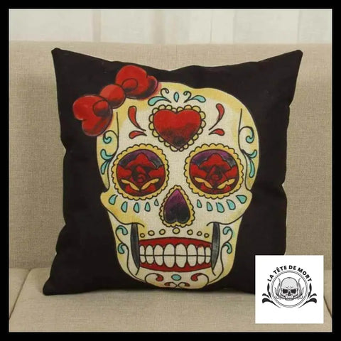 Housse de Coussin Tête Mort Noeud Rouge