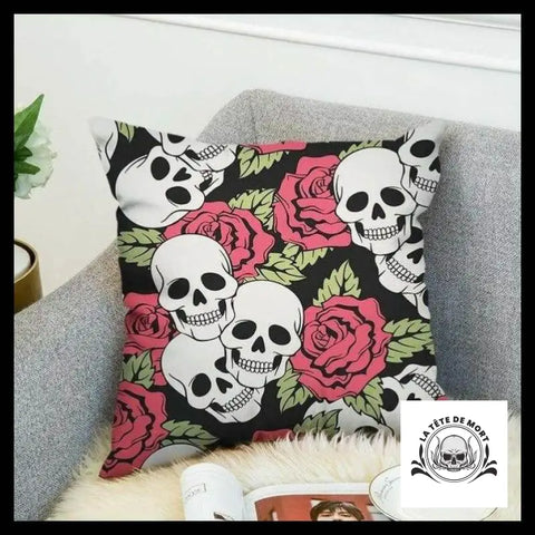 Housse de Coussin Tête Mort Roses Rouge