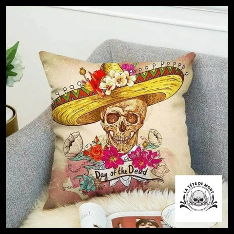 Housse de Coussin Tête Mort Sombrero