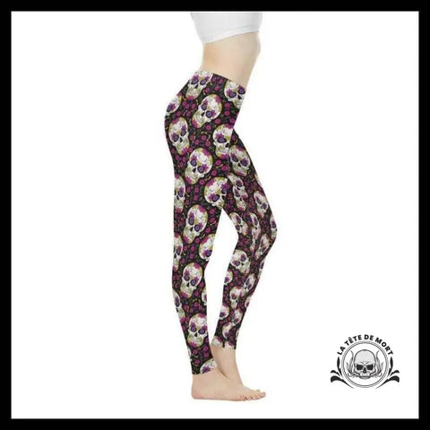 Legging Tête de Mort Fleurs Rose