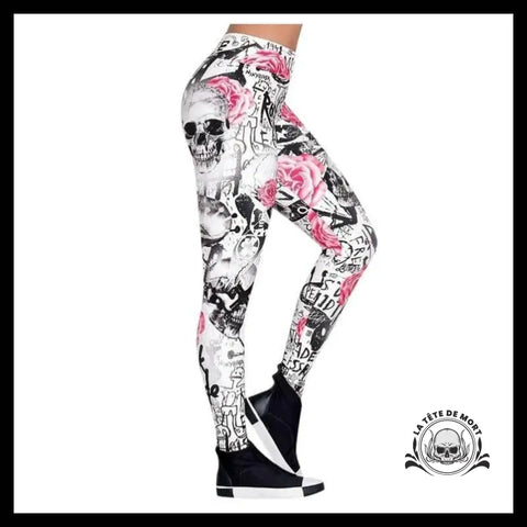 Legging Tête de Mort Fleurs Roses