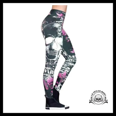Legging Tête de Mort Fleurs Violettes