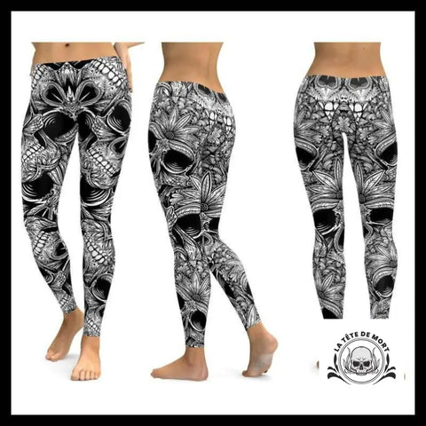 Legging Tête de Mort Gris Plantes Tropicales