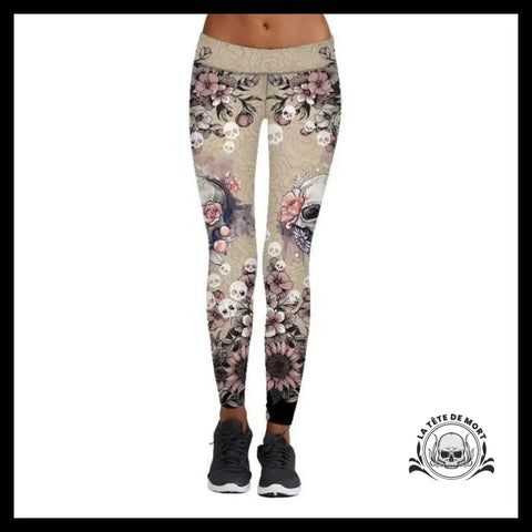 Legging Tête de Mort Tournesols Roses