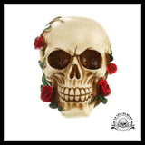 Sculpture Tête de Mort Crâne Roses Rouges Grimpantes