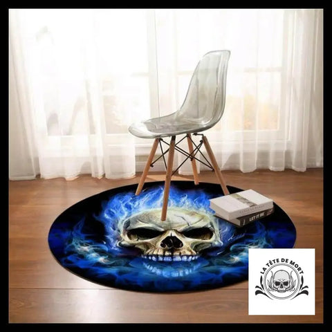 Tapis Tête de Mort Rond Crâne Flammes Bleues