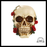 Sculpture Tête de Mort Crâne Roses Rouges Grimpantes