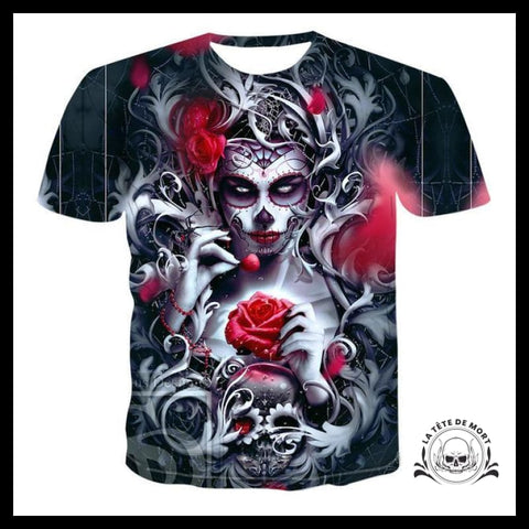 T-shirt Tête de Mort Femme Mexicaine Roses